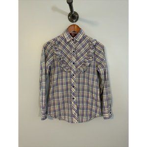 Vintage Ms Lee Shirt Juniors Size 5/6 Plaid Ruffle Top Western 80's Long Sleeve